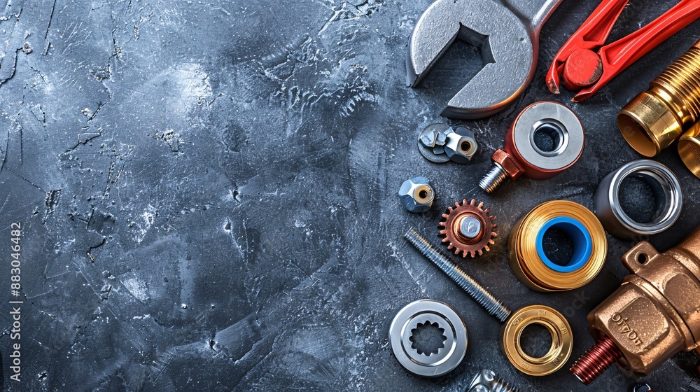 Poster essential tools for plumbing work arranged in a flat lay including a pipe bender plumber's tape and 