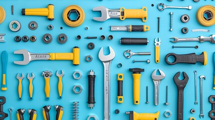 Fototapeta premium A well-organized flat lay of plumbing hand tools including pipe wrenches adjustable spanners and pliers with various pipes and fittings Stock Photo with copy space