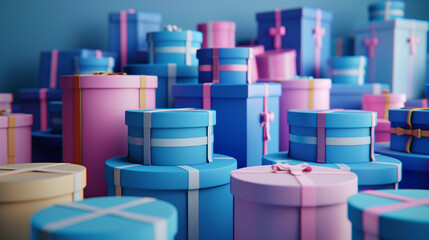 Fototapeta premium Cute assorted pile pastel blue pink gift boxes bow ribbons plain background festive colorful packaging birthdays baby showers gender reveal retail gift guide campaign ad idea lux pretty joyful design