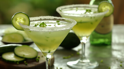 Close-up to a glass of Cucumber and Jalapeño Margarita with spicy chilli and refreshing cucumber with ice