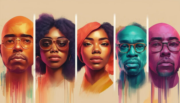 Faces of different color as a concept of diversity. Colorful background. 