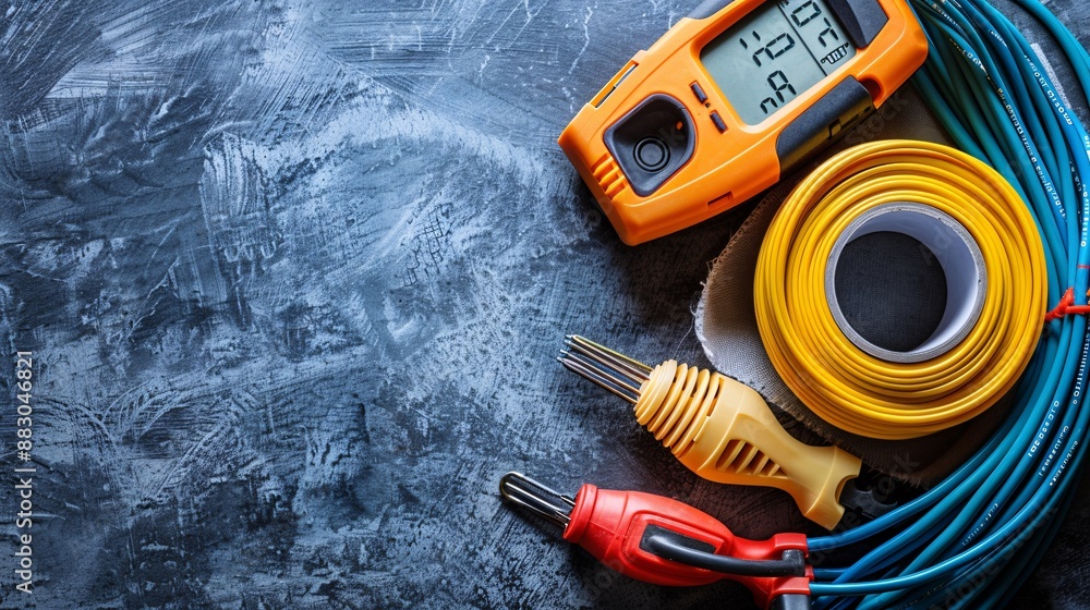Poster organized flat lay featuring a multimeter wire strippers and electrical tape with a variety of color