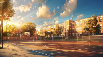 Beautiful sunny day showcasing an outdoor basketball court, adjacent to a school building, emphasizing the harmony of sports facilities within educational institutions.