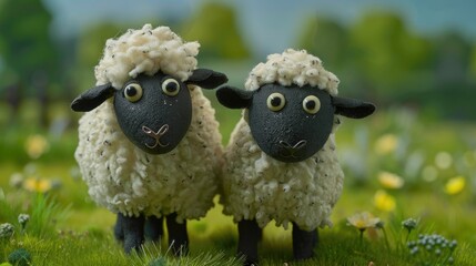 Adorable black sheep posing on a green field with amusing expressions depicted as pets Two lovely lambs