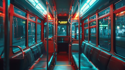 Fototapeta premium A modern bus interior illuminated by vibrant neon lighting, providing a futuristic, high-tech ambience. The seats are arranged in a clean, minimalist fashion.