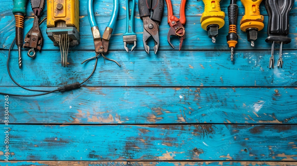 Poster Neatly arranged electrical work essentials including a wire stripper crimping tool and a selection of terminals Stock Photo with copy space