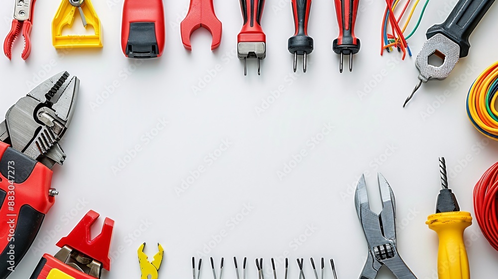 Poster neatly arranged electrical work essentials including a wire stripper crimping tool and a selection o