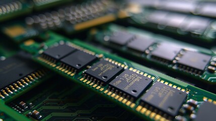 Fototapeta premium This image highlights a close-up of RAM sticks mounted on a computer motherboard, capturing the intricate design and advanced technology of the electronic components.