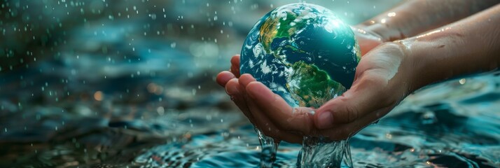 World Water Week. Horizontal banner. Globe in palms with water drops. Save water and environment concept. Climate change problem. Free space for text, copy space