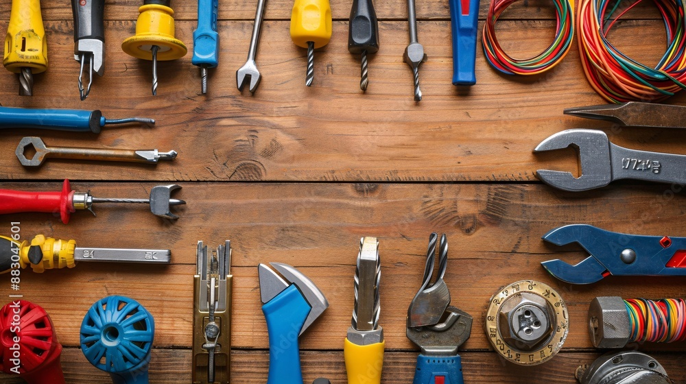 Poster flat lay arrangement of electrical hand tools like pliers screwdrivers and a wire stripper with asso
