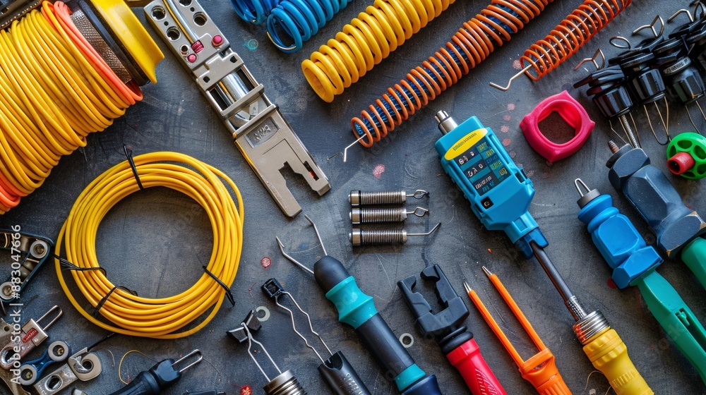 Poster a well-organized flat lay of electrical tools including a circuit tester soldering iron and various 