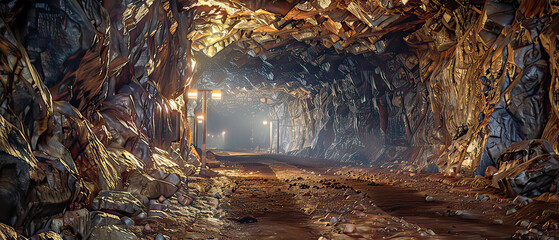 Exploring the interior of a contemporary narrow and low gold mine gallery deep underground.generative AI