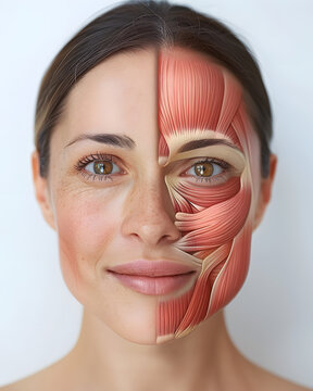 Frontal view of a young woman smiling, half of his face showing internal muscles anatomy