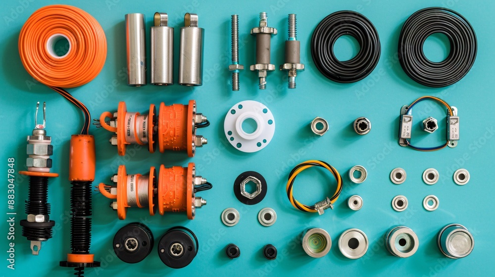 Aufkleber flat lay featuring a variety of electrical components like fuses resistors and a spool of wire stock