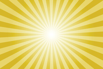 Yellow background with white sun ray. Pattern of starburst. Abstract dark yellow texture with light of sunburst. Radial beam of sunlight. Retro background with flash. Design of sunbeams.