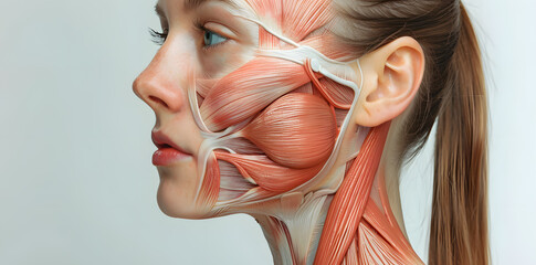 Side view of a woman face internal muscles anatomy isolated on white background