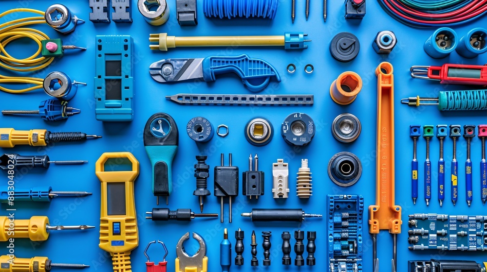 Poster Top view of electrical work essentials including a voltage tester wire cutters and a selection of connectors and terminals Stock Photo with copy space