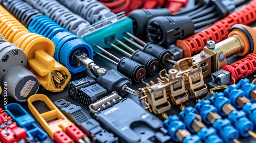 Poster top view of electrical work essentials including a voltage tester wire cutters and a selection of co