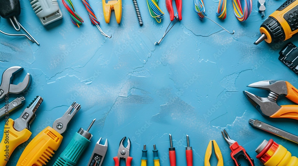 Poster a well-organized flat lay of electrical hand tools including pliers screwdrivers and a wire stripper