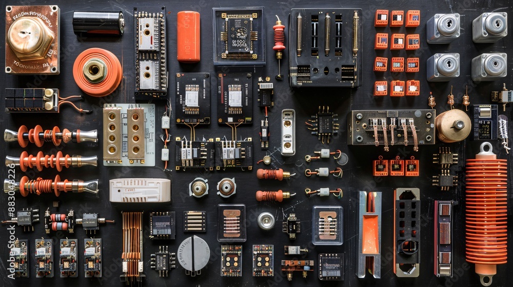 Poster flat lay featuring a variety of electrical components such as fuses resistors and a spool of cable s