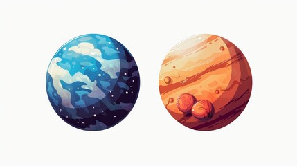 A dynamic drawing of blue and brown planets characterized by a cartoon style, set against a starry sky backdrop highlighting the fascinating expanse and adventure of outer space.