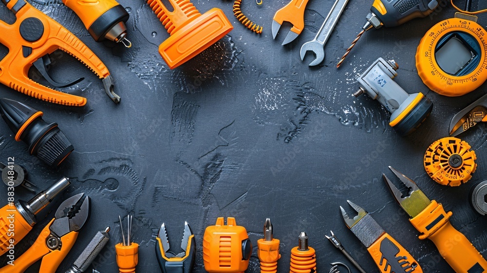 Poster neatly arranged flat lay of electrical tools including a voltage tester crimping tool and various te