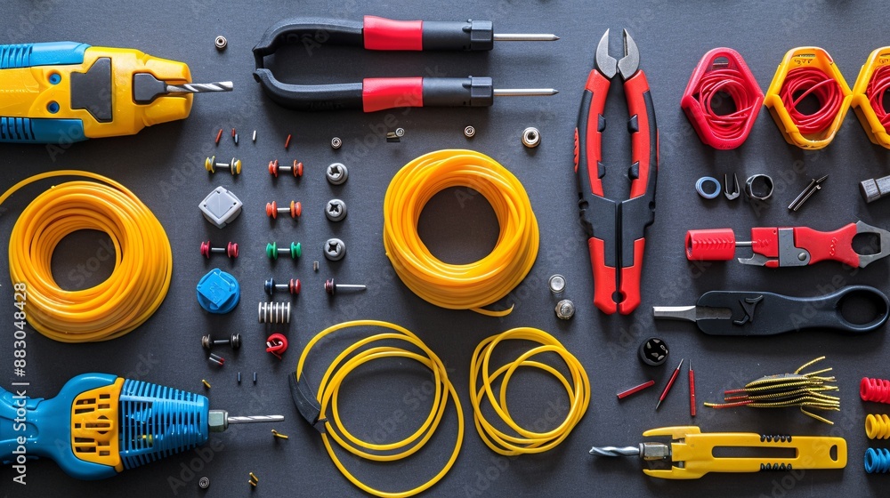 Poster Neatly arranged flat lay of electrical tools including a voltage tester crimping tool and various terminals and connectors Stock Photo with copy space