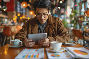 Fototapeta premium Young entrepreneur analyzing digital financial charts on a tablet, coffee shop setting.