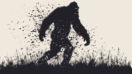 Fototapeta premium An artistic depiction showing a silhouette of a large creature walking through a grassy field, highlighting the mystique and curiosity associated with cryptids and unknown entities.