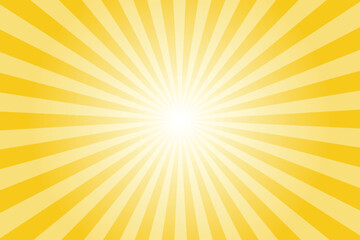 Yellow background with white sun ray. Pattern of starburst. Abstract deep lemon yellow texture with light of sunburst. Radial beam of sunlight. Retro background with flash. Design of sunbeams.