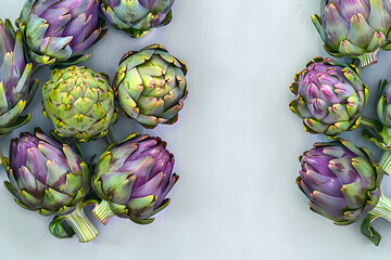 Obraz premium Green and purple artichoke flower buds pattern, top view