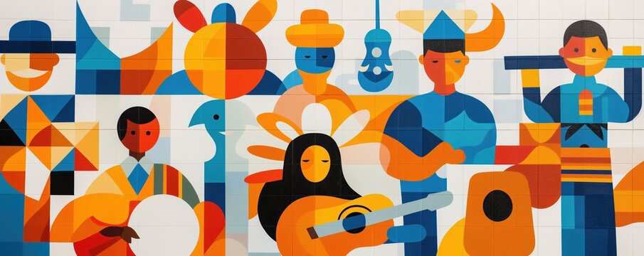 Artistic mural featuring influential Hispanic figures and cultural symbols, Hispanic Heritage themed, honoring contributions to history and society