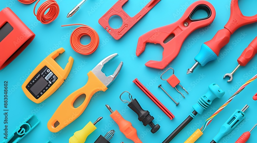 Aufkleber flat lay of tools and materials for electrical work such as a wire stripper voltage tester and a var
