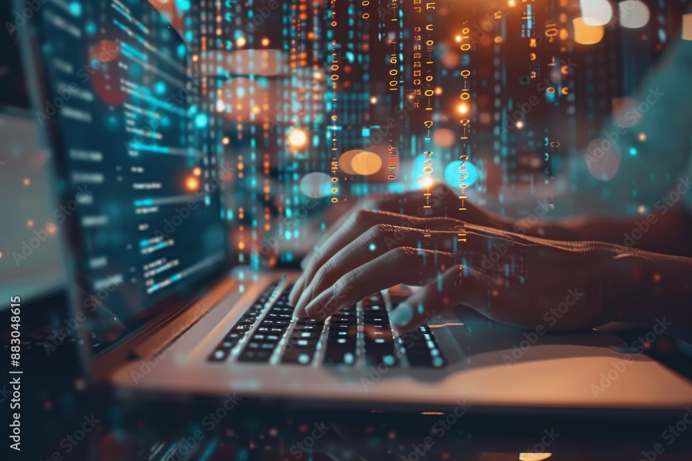 Poster a cybersecurity professional's hands type on a laptop keyboard with digital security codes and encry