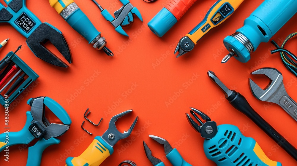 Poster a well-organized flat lay of electrical hand tools including pliers screwdrivers and a wire stripper