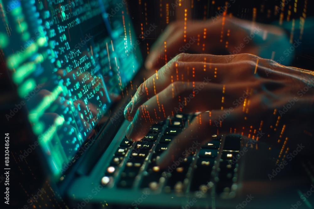Poster close-up of a cybersecurity professional's hands typing on a laptop keyboard, with digital security 