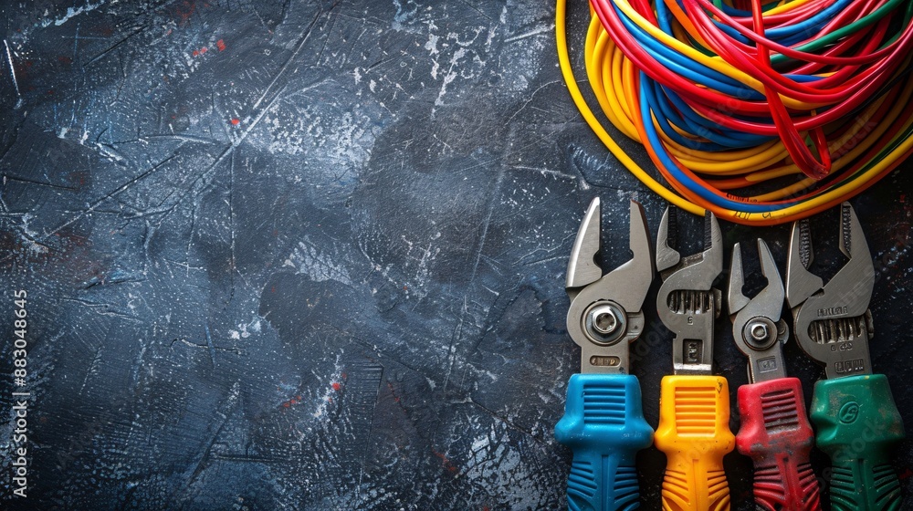Aufkleber a well-organized flat lay of electrical hand tools including pliers screwdrivers and a wire stripper