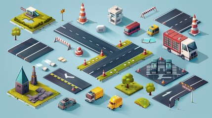A detailed isometric illustration of a city map, featuring roads, various vehicles, buildings, and greenery, creating a comprehensive and lively urban scene.