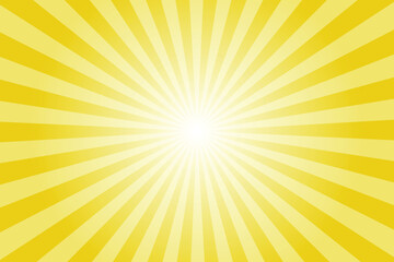 Yellow background with white sun ray. Pattern of starburst. Abstract deep yellow texture with light of sunburst. Radial beam of sunlight. Retro background with flash. Design of sunbeams.