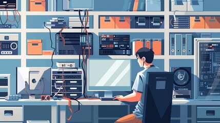 A technician working diligently in an organized electronics lab filled with various computer and electronic components, demonstrating systematic and meticulous work practices.