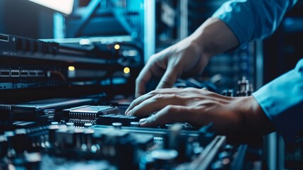 A pair of hands adjusting the components inside a server, ensuring proper setup and optimal performance within a professional tech environment.
