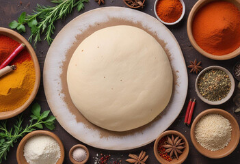 Fototapeta premium The image shows a round dough on a wooden board surrounded by various fresh vegetables, herbs, and spices.