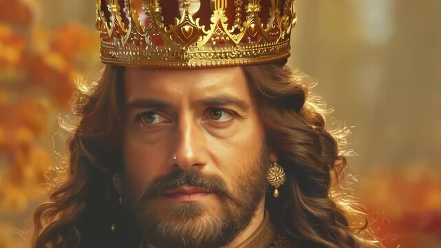 Close-up of bearded king with golden crown and intense gaze