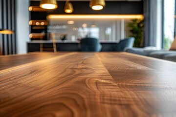 A wooden dining table is showcased in a modern living room. The table is in focus, with the surrounding furniture blurred in the background, capturing a sense of depth