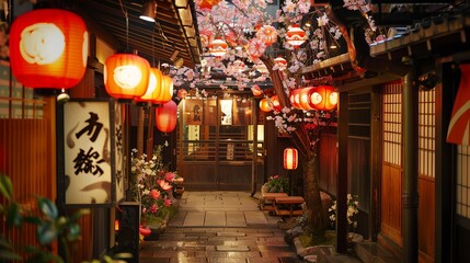 Naklejka premium This image captures a beautiful Japanese alleyway with traditional architecture, vibrant red lanterns, and blooming cherry blossom trees, giving an authentic cultural feel.