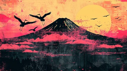 An artistic illustration featuring Mount Fuji against a backdrop of a large, vibrant rising sun, with birds flying in the foreground, symbolizing serenity and beauty.