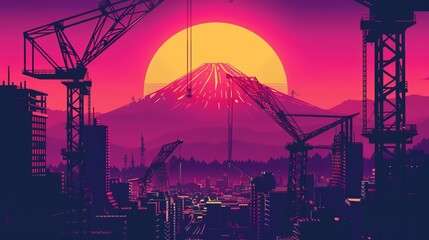A vibrant illustration of a modern city under construction with towering cranes, set against the majestic backdrop of Mount Fuji at sunrise, symbolizing growth and progress.