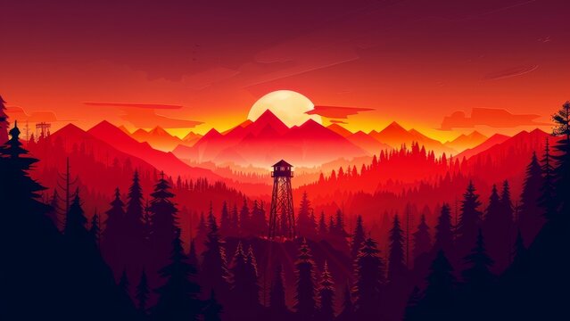 Silhouette of a firewatch against the background of the mountains and the forest