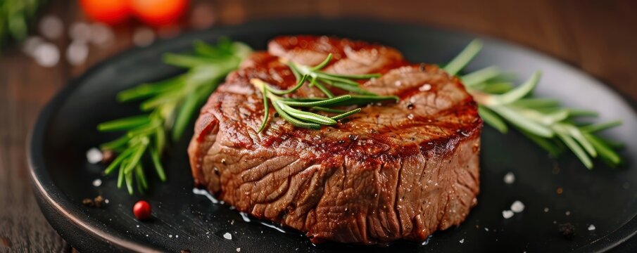 Perfectly Grilled Filet Mignon with Rosemary A Fancy Filet, Rich and Delectable Gourmet Dish for a Special Occasion Dinner