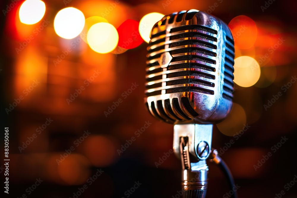 Wall mural a classic chrome microphone glows warmly on the dimly lit stage of a music club